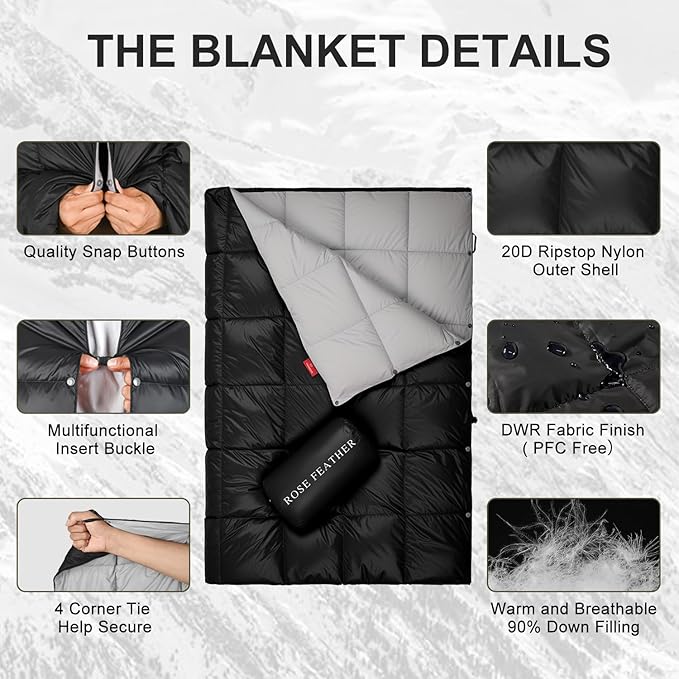 Down Camping Blanket - Lightweight, Packable, Warm & Puffy Outdoor Travel Quilt for Sleep, Hiking, Backpacking, Stadium, Festivals, Water-Resistant Sleeping Bag 55"x79"
