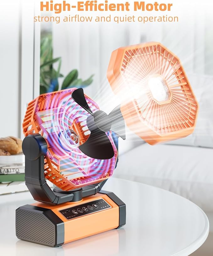 MORIKO Table Fans, 10000mAh Rechargeable Battery Operated Portable Tent Fan with LED Lantern, Remote Control, Hook, 270° Pivot, Stepless Speed-Ideal for Camping, Picnic, Barbecue, Jobsite