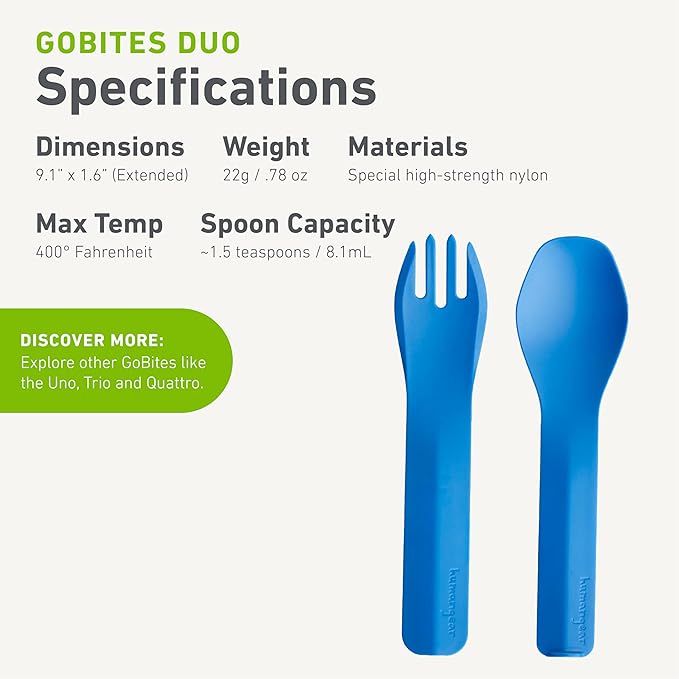 humangear GoBites Duo - Travel Silverware, Full Size Portable Fork & Spoon, Reusable Utensil Set, PC and BPA-free, Food-Safe, ﻿Extended - 9.1” X 1.6”