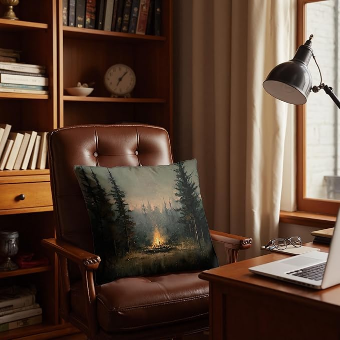 Vintage Forest Campfire Pillow Covers 18x18, Moody Pine Tree Camping Decor, Rustic Woodland Campsite Decorative Throw Pillow Covers for Home Bedroom Living Room Sofa Couch,Camper Lover Gifts