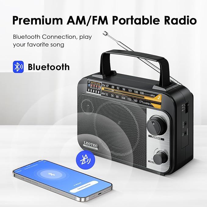 LEOTEC AM FM Radio with Bluetooth,Portable Vintage Transistor Radio Rechargeable Battery/4 AA Cell Battery Operated/Plug in Wall,AUX,Big Speaker,Headphone Small Gifts for Senior