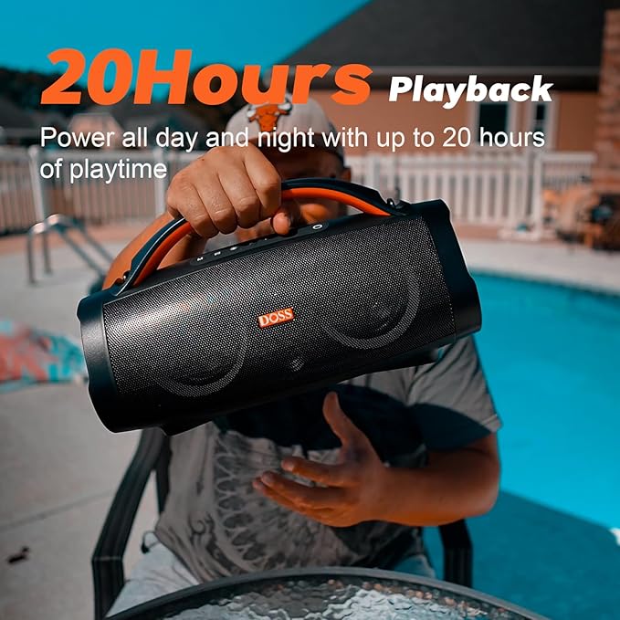 DOSS Extreme Boom Pro 100W Loud Outdoor Speaker, 2+2 Channel, IPX6 Waterproof, Bluetooth 5.3, 20H Playtime, Dynamic RGB Lights, Portable Speaker for Camping, Beach, Pool, Working Outside - Orange