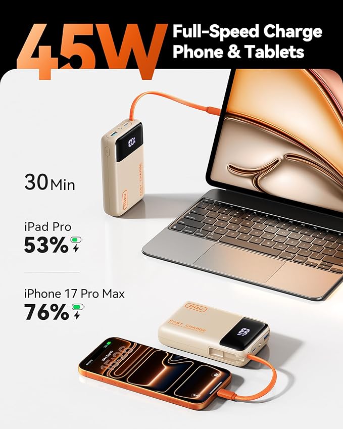 INIU 20000mAh Portable Charger, Small Power Bank, 45W PD Fast Charging Battery Pack, Fast Charging USB C in&Out Battery Pack, Travel Phone Charger for iPhone 17 16 15 Air Samsung S25 S24 Google, Beige