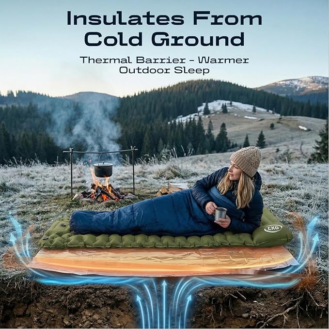 CKG Camping Sleeping Pad with Thermal Barrier, Ultralight Camping Mat 4in Thick with Pillow, Built-in Foot Pump Inflatable Sleeping Pad for Hiking Tent Road Trip Car Camp Travel Gear, Green