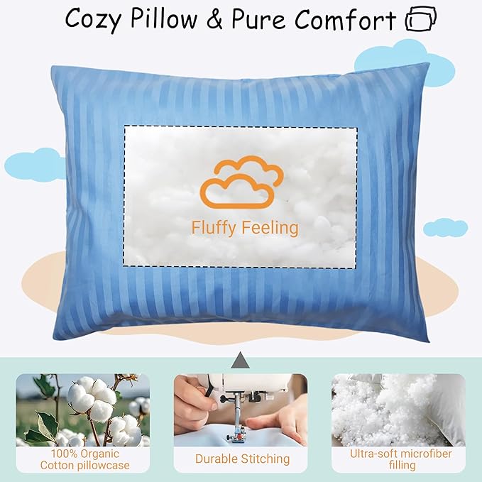 ZPECC Toddler Pillow with Pillowcase - 13x18 Organic Cotton Hypoallergenic Kids Pillow, Baby Essentials for Travel Crib Daycare Stroller (Intended for Age 2 and up) Blue Stripe