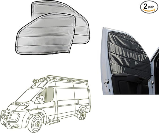 VanEssential Insulated Reflective Blackout Front Door Window Covers Designed for RAM Promaster Van Years 2014 to Current Model (Pair) - Charcoal Gray Reflective