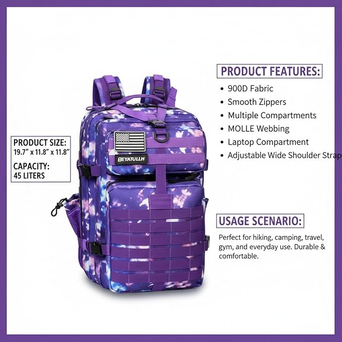 45L Military Tactical Backpack for Men & Women Bug Out Bag Assault pack Molle Daypack Hiking Trekking Rucksack (2.0 side pockets (purple tie-dye)