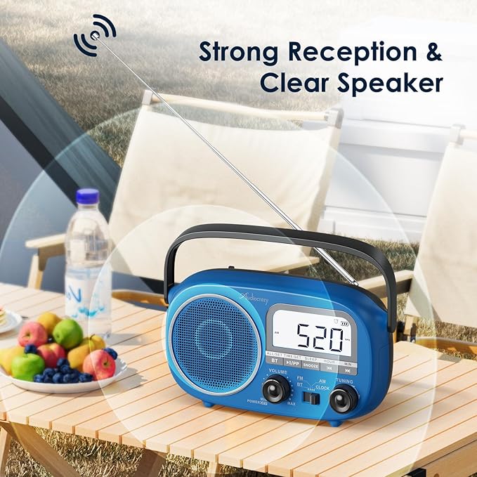 Portable AM FM Rechargeable Radio with Best Reception, Digital Time/Station Display,AC Power or Battery Power Radio with Bluetooth Speaker for Home/Kitchen/Outdoor (Cobalt Blue)