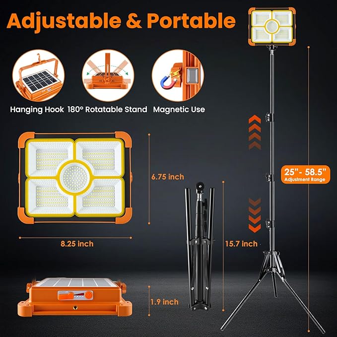 Rechargeable Camping Light with Tripod Stand, 12000mAh Solar Work Light Portable, Cordless LED Job Light 12000LM with 5 Mode, Waterproof Camping Essentials Gear Car Repair Emergency Lighting with Hook