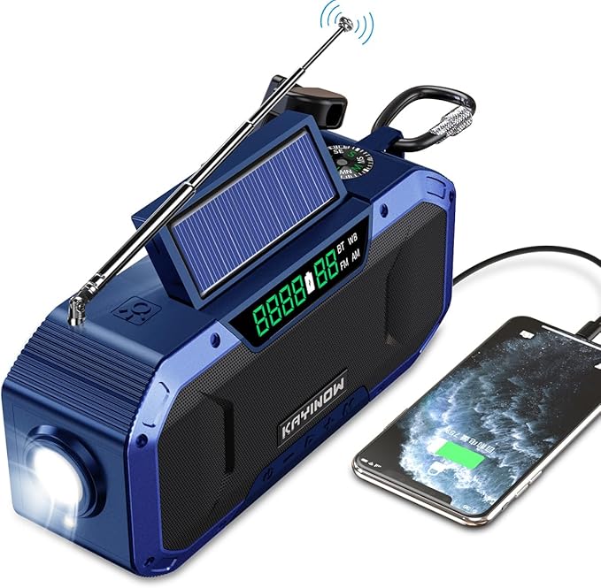 Emergency Weather Radio with Bluetooth,AM/FM/NOAA,Survival Radio Solar Crank,5000mAh Battery Power,IPX5 Waterproof,Portable and Shock-Resistant,Flashlight and SOS for Home Outage Storm Emergencies