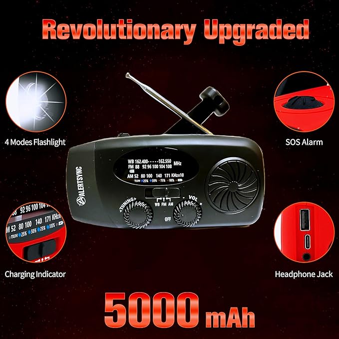 iRonsnow Solar Emergency Hand Crank Weather Radio, Portable Self Powered NOAA AM/FM Radios with SOS Alarm LED Flashlight 5000mAh Smart Phone USB Charger for Camping (Black)
