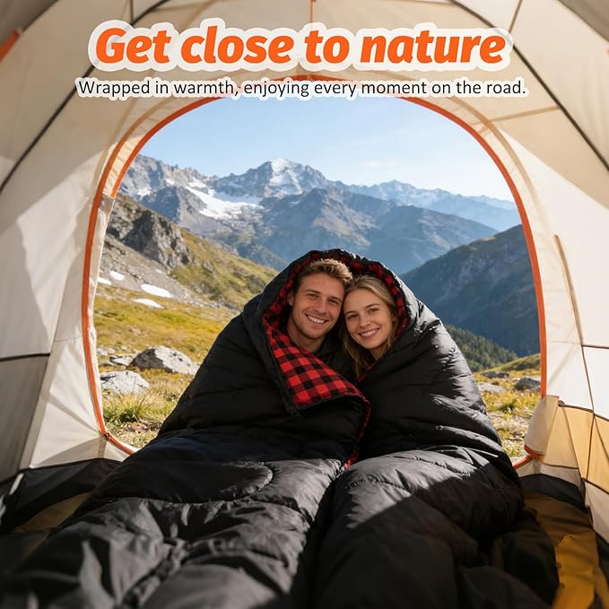 Swtmerry Double Sleeping Bag for Adults with 2 Pillows, Big & Tall Queen Size XL Sleeping Bag for 2 Person, Waterproof & Lightweight Warm for 3 Seasons, Cold Weather,Camping, Hiking & Backpacking