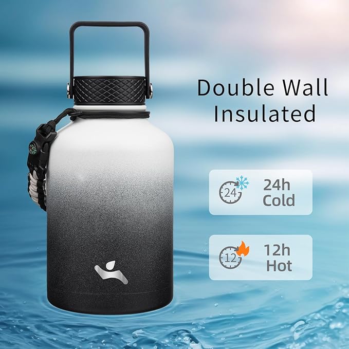 Konokyo Insulated Water Bottle with Straw,50 oz 3 Lids Water Jug with Carrying Bag,Paracord Handle,Double Wall Vacuum Stainless Steel Metal Flask,Day Night