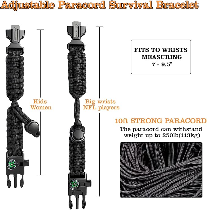 Paracord Survival Bracelet (3 Pack) - Adjustable with Fire Starter, Whistle, Compass - Survival Gear for Hiking, Camping, Fishing, Gifts for Men Dad Husband