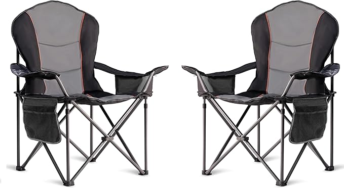 Oversized Camping Chair Heavy Duty- Portable Folding Chair, Cup Holder & Waterproof Phone Case for Adults, Beach, Hiking, Backyard, Black & Gray,2PCS XL