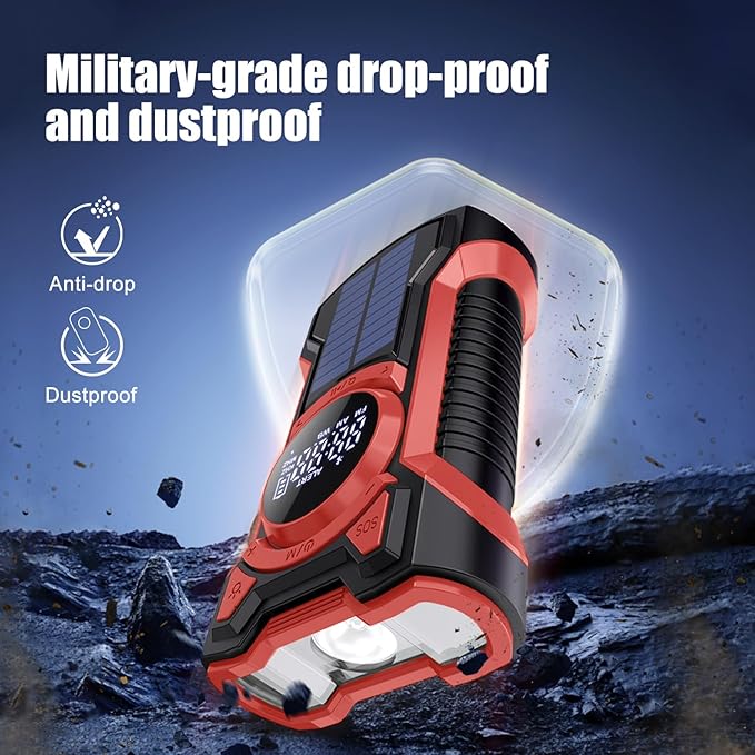 Emergency Radio Hand Crank Solar 5000mAh, IP65 Waterproof Dustproof Bluetooth 5.3 Portable AM/FM/NOAA Weather Alert Radio with Flashlight, Phone Charger, SOS, Headphone Jack- (Red)