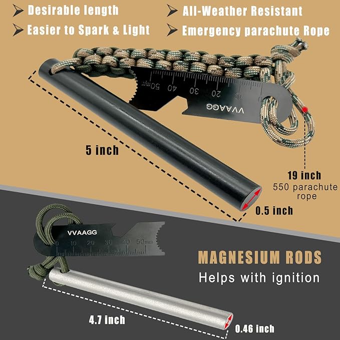 VVAAGG Flint and Steel Fire Starter Kit Survivor, 3/8" 1/2 inch Ferro Rods and Magnesium Rods with Paracord Handle