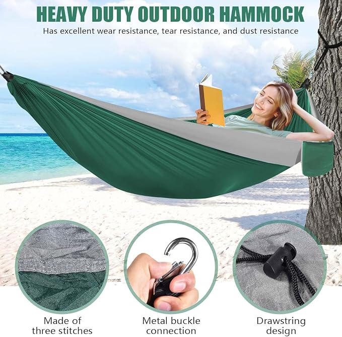 OBTANIM Camping Hammock 500lbs Portable Lightweight Single or Double Hammock with Tree Straps and Carry Bag for Camping Backpacking Hiking Travel Beach Outdoor Indoor (Grey and Dark Green)
