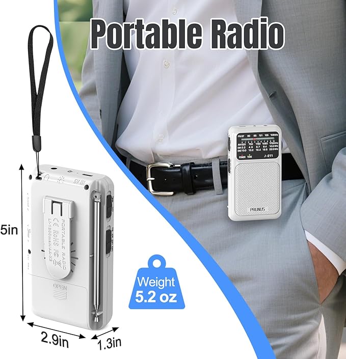 PRUNUS J-211 Portable Radio AM FM with USB Charging and AA Battery Operated, Transistor Radio, Strong Reception& Clear Speaker, Headphone Jack, Back Clip, Lanyard, Small radios Portable AM FM