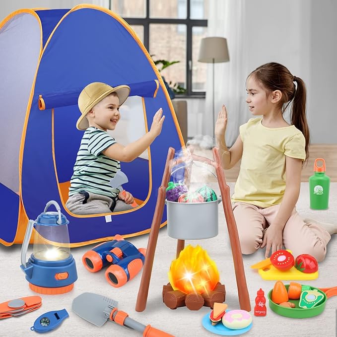 MITCIEN Kids Camping Toys Set with Tent, Camping Toys for Kids, Outdoor for Toddlers Boys Girls Age 3 4 5 6, Include Tent/Campfire/Oil Lamp/Pretend Food