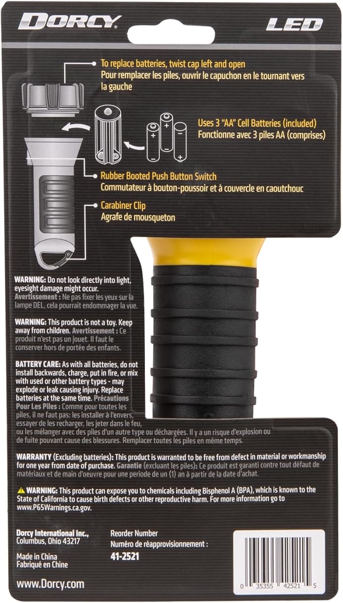 Dorcy 41-2521 Water Resistant Battery Powered Floating LED Flashlight with Carabiner Clip, Ideal for Camping and Outdoors, Bright Yellow