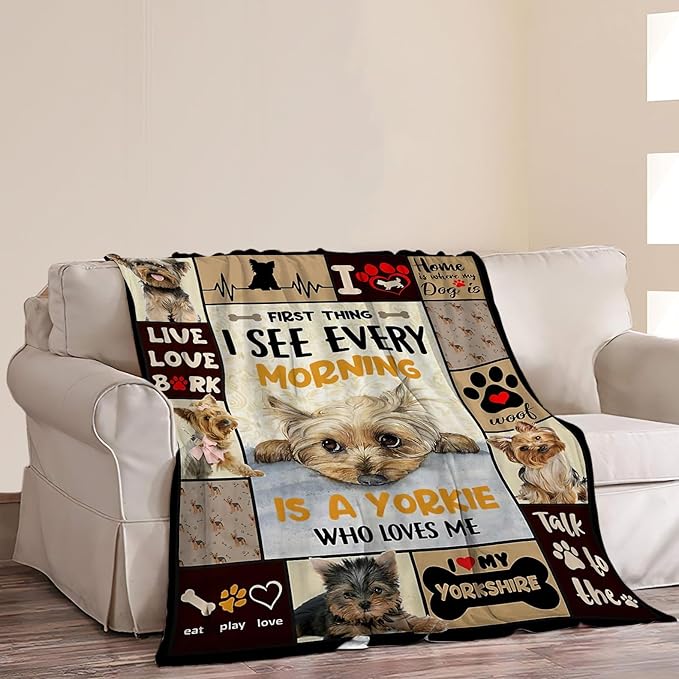 Funny Dog Blanket Soft Warm Cute Kawaii Yorkshire Terrier Dog Plush Throw Blanket Cozy Lightweight Flannel Bedding Decor Fleece Blanket Gifts for Girls Boys Kids Women 40"x50"