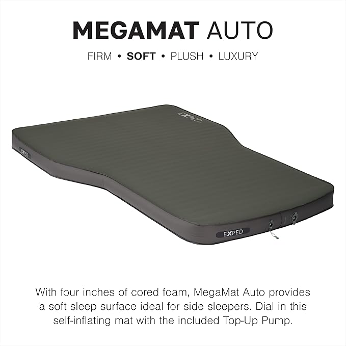 Exped MegaMat Auto - Self Inflating Soft Car Sleeping Mat, 4” Foam Pad, Wheel Cutouts, Pump Included
