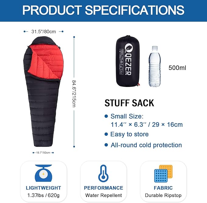 Ultralight Down Sleeping Bag for Adults with 600 Fill Power, Compact All Seasons Sleeping Bag for Backpacking, Hiking and Camping