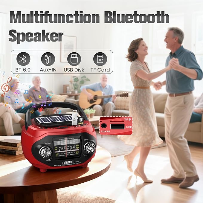 PRUNUS 15W Retro Bluetooth Speaker with Rich Bass Stereo Best Sound, Radio Portable AM FM, Solar/USB Rechargeable,Vintage Speaker Support AUX/USB Drive, Home,Party, Gift (2026 Update)