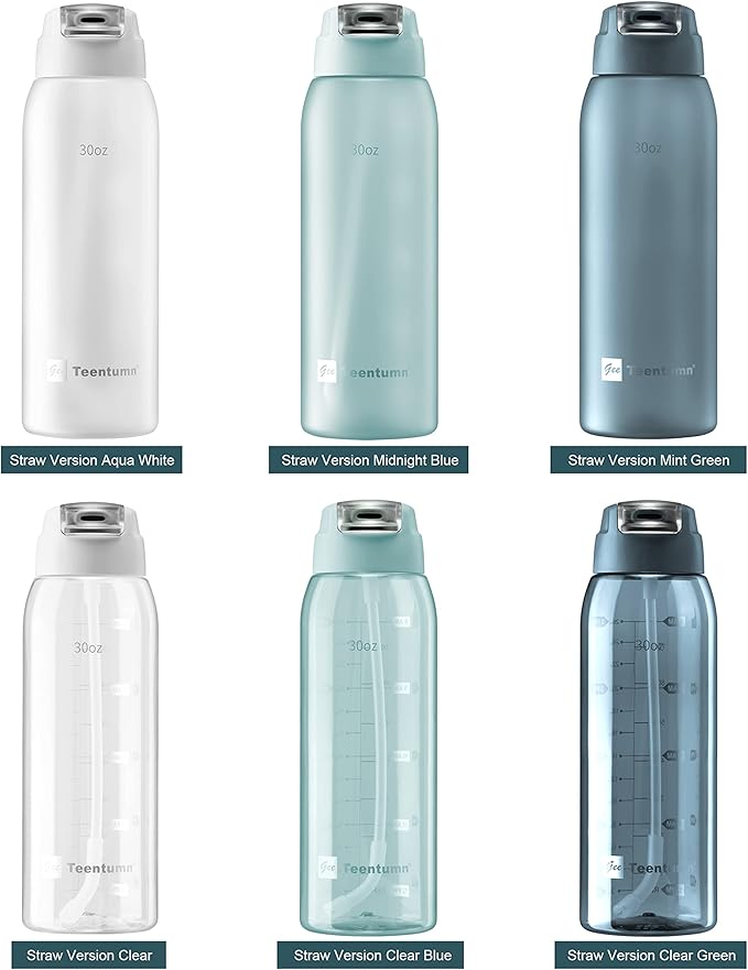 Straw Water Bottle BPA Free Tritan with Time Markers, 30oz Large Durable Gym Plastic Bottle for Fitness, Outdoor Enthusiasts, Leakproof (Pack of 1)