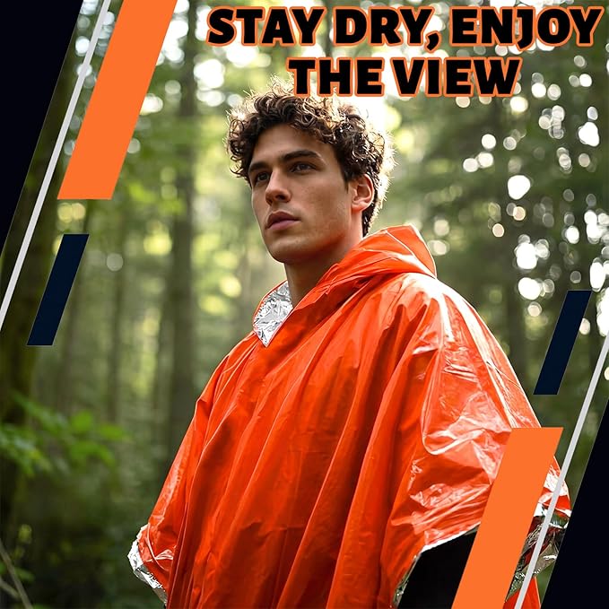 10 Pack Emergency Ponchos with Polyester Film Blanket Liner Waterproof Windproof Thermal Survival Blanket Rain Ponchos for Adult Outdoor Camping Hiking Emergencies Essential, 40 x 47 Inch