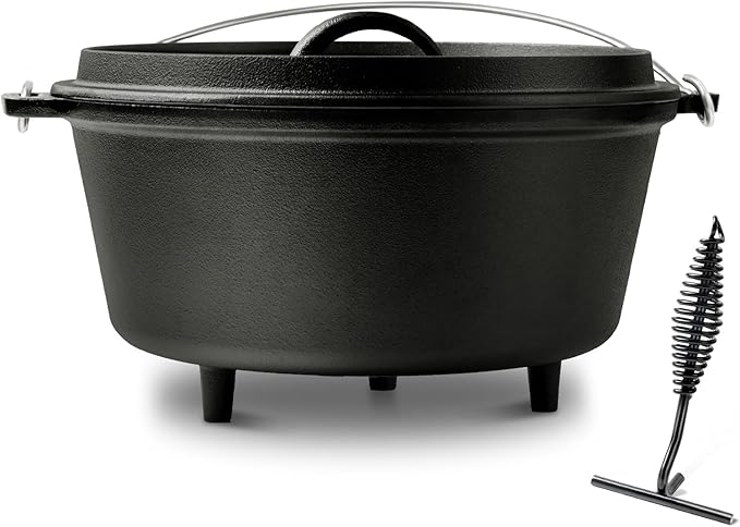 8QT Pre-Seasoned Cast Iron Camp Dutch Oven with Lid, Large Camping Dutch Oven Pot with Tripod Stand, incl. Lid Lifter - Dual Handles - for Outdoor Campfire, Grill, Oven & Stovetop Cooking-Black