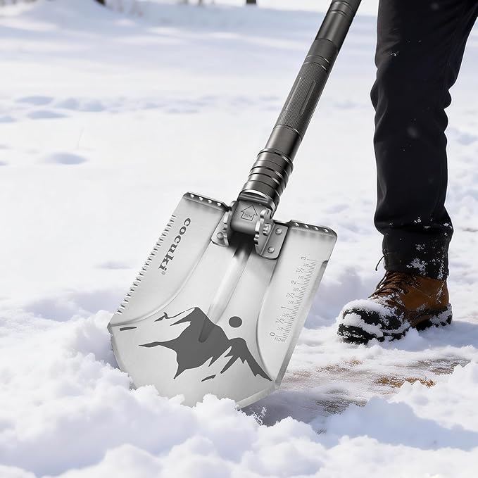 Camping Shovel Survival Kit, 2.0 Version One-Click Conversion Military Grade Multifunctional Folding Tactical Shovel with Titanium Backpacing Trowel for Camping, Emergency, Gardening, Hiking