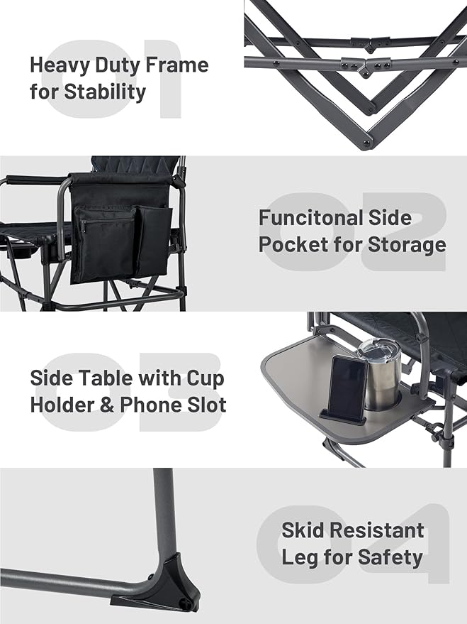 TIMBER RIDGE Heavy Duty Camping Chair with Compact Size, Portable Directors Chair with Side Table and Pocket for Camping, Lawn, Sports and Fishing, Supports Up to 400lbs, Black 2 Pack