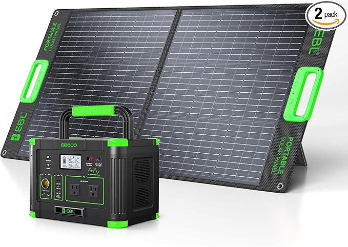 EBL 500W Portable Power Station with 100W Portable Solar Panel 20V, Outdoor Solar Generator 500W(Peak 1000W) Backup Battery Pack Solar Kit for RV/Van Camping Fishing Climbing Road Trip Home Emergency
