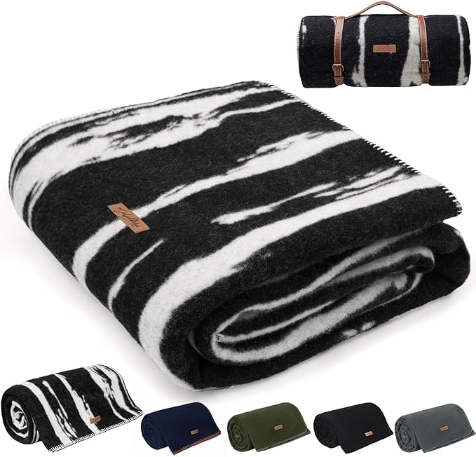 Molithe 100% Wool Blanket, 62" x 86", Warm, Thick, Washable, Military Wool Blanket, Great for Camping, Outdoors, Sporting Events, Survival Kits,Black White Striped