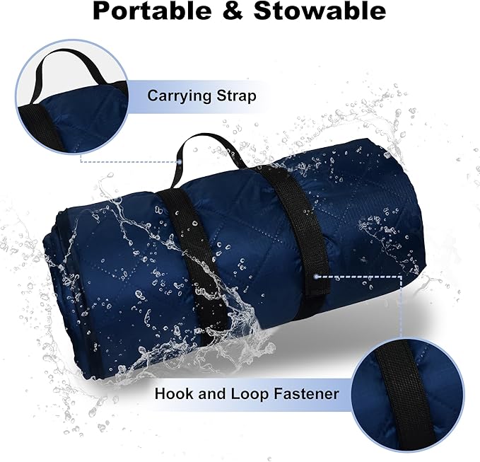 Waterproof Outdoor Blanket 82”X 55” Packable, Stadium Blankets for Camping with Quilted Fleece Lining, Large Windproof Emergency Throw for Garss Picnic Hiking Road Trip, Machine Washable, Navy 300GSM