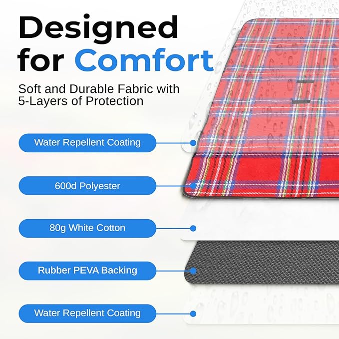 scuddles Extra Large Picnic Blanket – 59" x 53" Waterproof & Sandproof Outdoor Mat with Soft 3-Layer Comfort, Foldable Design & Carry Strap for Beach, Camping, Travel, Parks & Family Picnics