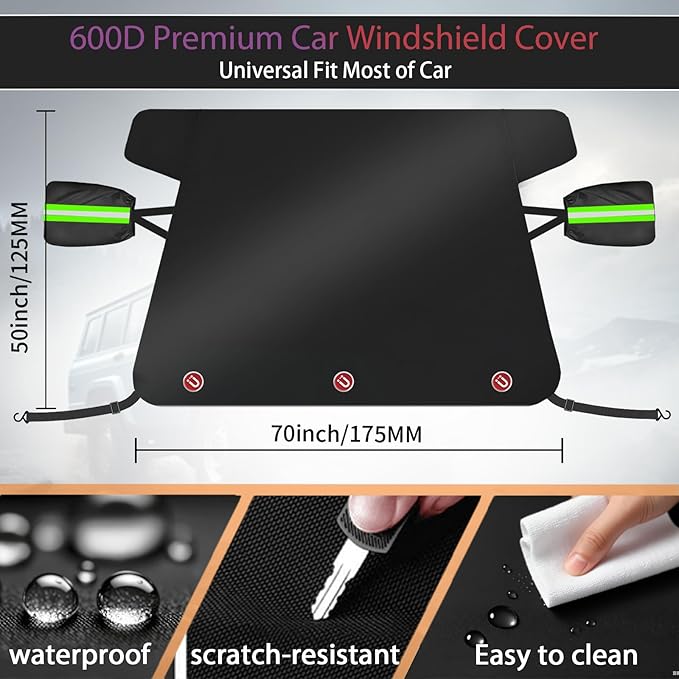 Car Windshield Cover for Ice and Snow, 600D Oxford Fabric Windshield Snow Cover Heavy Duty, Magnetic Car Anti-Snow Cover, Winter Frost Hail Protector for Most Sedan Truck SUV Van MPV (70 x 50 Inch)