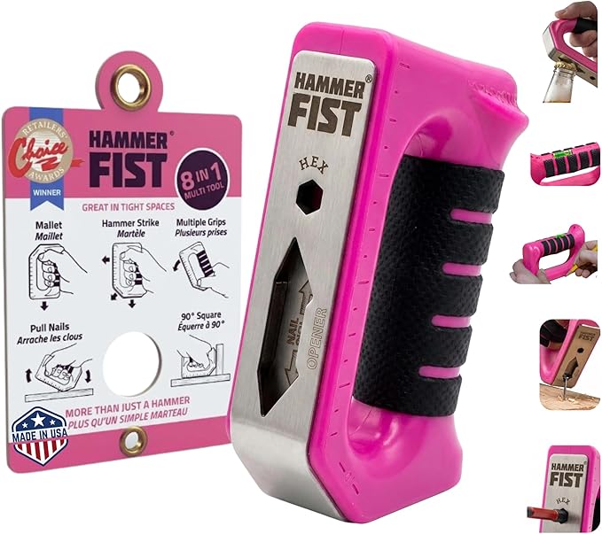 Hammer Fist 8-in-1 Multitool - Heavy Duty Stainless Steel Palm Hammer & Nail Puller, Non-Marring Mallet, Hex Driver, Ruler, Square & Bottle Opener - Compact EDC Survival Gear & DIY Hand Tool (Pink)