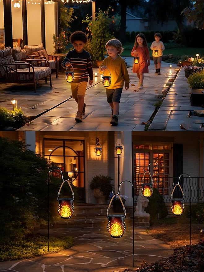 4 Pack Solar Lanterns Outdoor Waterproof, Solar Lantern with Realistic Flickering Flame, Auto On/Off Solar Powered Garden Light with Hemp Rope Handle for Outside Tree Patio Porch Camp Tabletop Decor