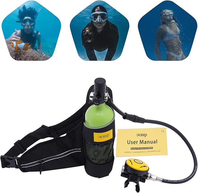 Mini Scuba Tank 1L Portable Oxygen Cylinder, Lightweight Refillable Diving Gear for 15-20 Mins Underwater, Safe with Explosion-Proof Valve, for Snorkeling, Travel, Emergency (Green/Black/Yellow)