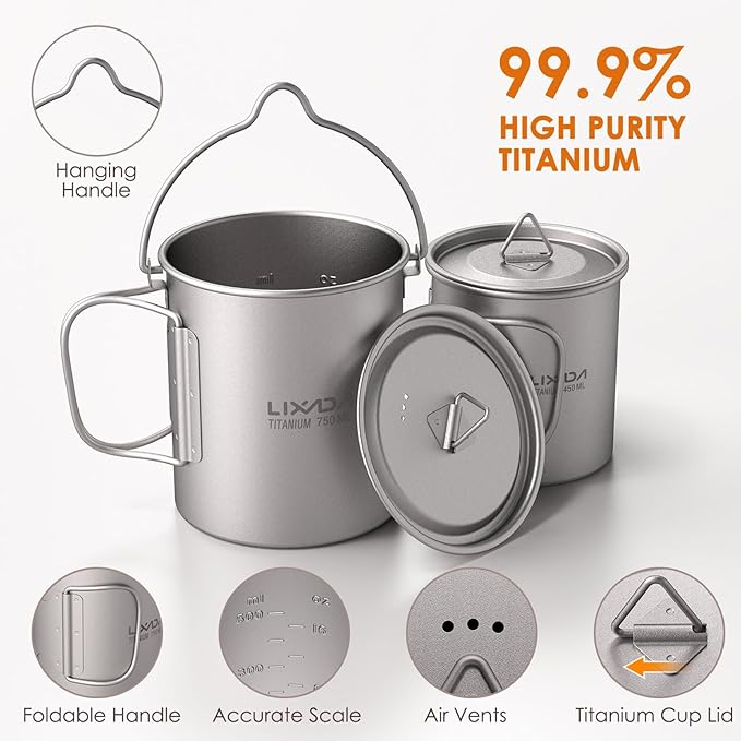 Lixada Titanium Camping Cookware with Folding Spork, 750ml Camping Titanium Pot & 450ml Coffee Mug with Foldable Handle & Lid, Portable Outdoor Cookware Set for Backpacking Hiking Cooking
