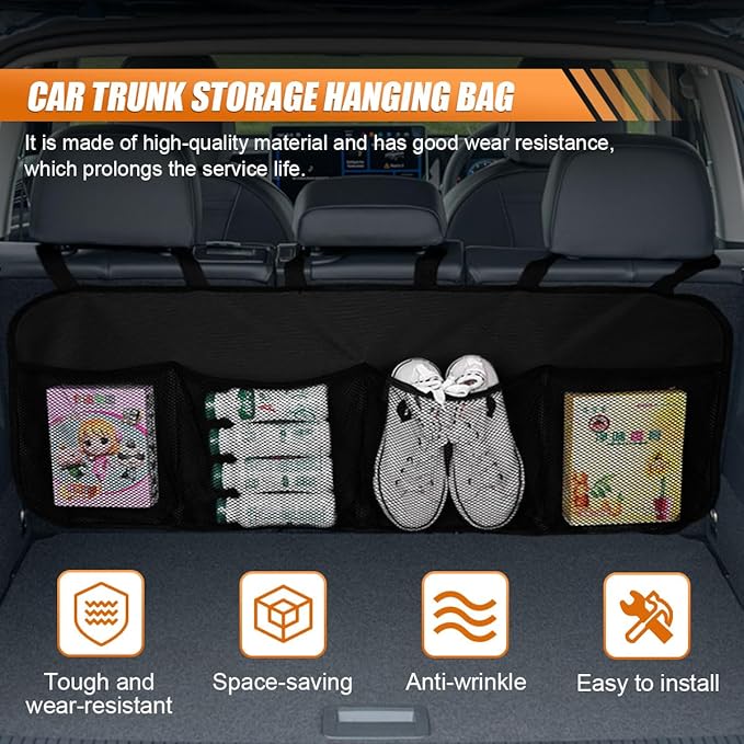 Car Trunk Organizer, Large Capacity Backseat Hanging Storage Bag with 4 Pockets, Waterproof Foldable Car Interior Organizing Accessories, Universal for SUV, Truck, Van, MPV (Black)