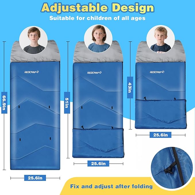 REDCAMP Kids Mummy Sleeping Bag for Camping, 3 Season Cold Weather Sleeping Bag Fit Boys,Girls & Teens, Blue/Rose Red