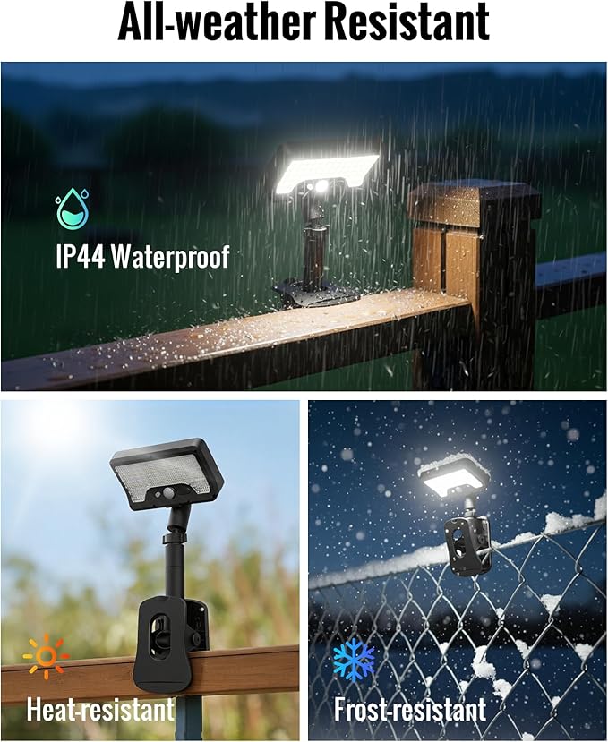 Clip On Solar Lights Outdoor, 92LED 500LM with Type-C Charging, Solar Motion Sensor Security Light, 3 Modes Waterproof Chain Link Fence Lights for Deck, Garden, Gutter, Mailbox, Camping