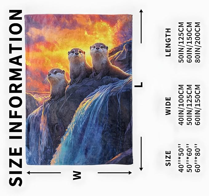 Sunset Otter Waterfall Blanket, Cozy Flannel Cute Otters Throw Blanket, Soft Fuzzy Blankets for Travel Home Decor, All Season Lightweight Couch Bed Cover, Gifts for Women Adults Kids 50"×60"