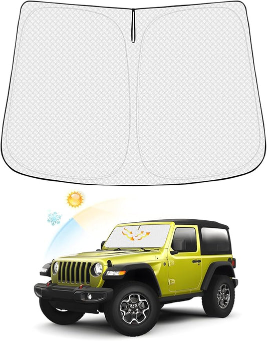 Canvcle Windshield Sun Shade for 2018-2026 Jeep Wrangler JL/2020-2026 Jeep Gladiator JT Accessories Thicken 6-Layer Front Window Sunshade Cover Sun Visor Protector Foldable Block UV Rays Keep Car Cool