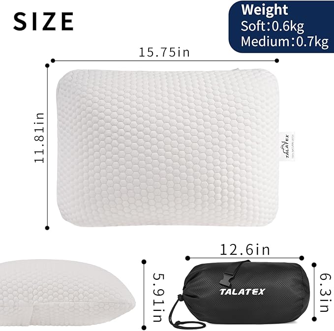 Talatex 100% Natural Premium Talalay Latex Travel Pillow, Camping Pillow, Small Camping Pillow with Compressible Stuff Sack, No Memory Foam Chemicals with Washable Cover (Medium Latex, 1)