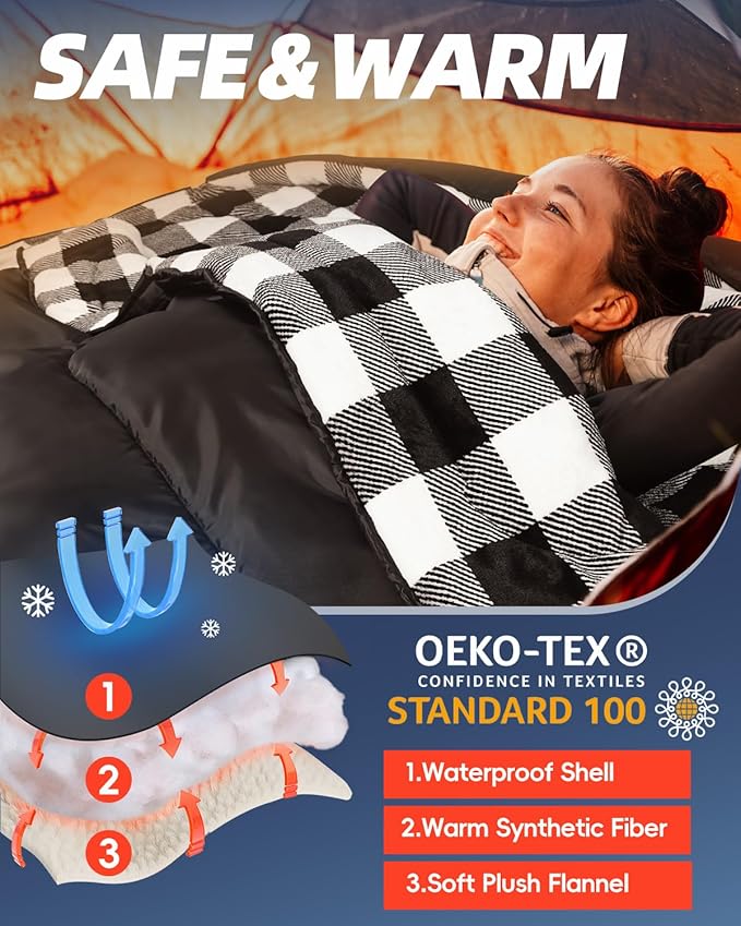 MEREZA Flannel Double Sleeping Bag for Adults Cold Weather, XL Queen Size Sleeping Bag for All Season 2 Person Big and Tall Sleeping Bags for Camping 0 Degree with Pillow